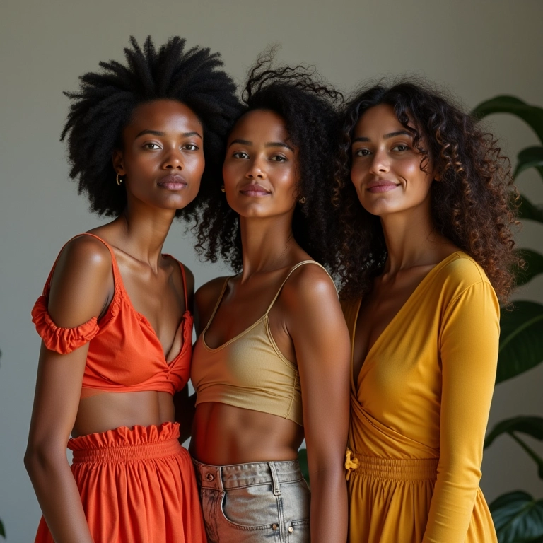 Modelos diversos mostrando moda brasileira contemporânea sustentável e diversificada em estúdio moderno.