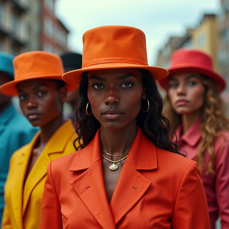 Modelos diversos usando chapéus pork pie em cenário urbano.