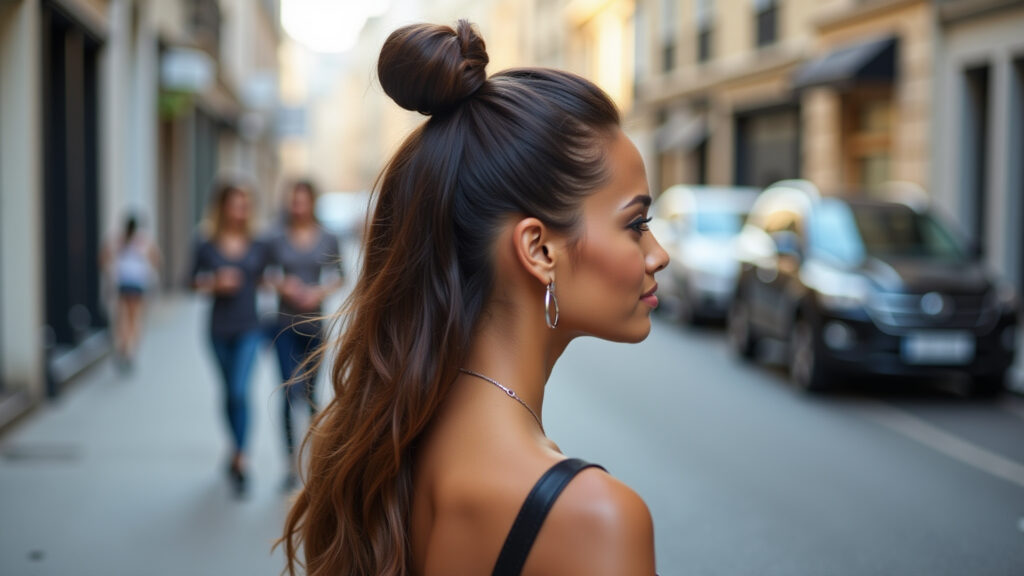Modern half bun hairstyle, Brazilian woman, urban setting, lifestyle photography, 8K quality, sharp Half bun moderninho, visual descontraído.