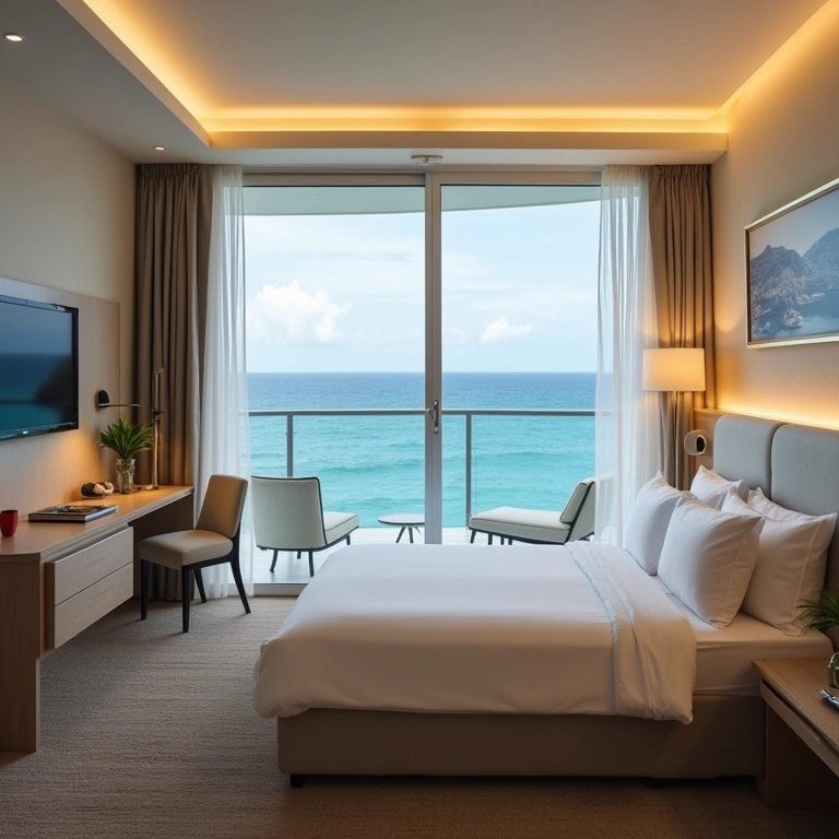 Modern hotel room in Imbituba, ocean view, comfortable bed. Amenities, bright lighting. Commercial Quarto de hotel moderno em Imbituba com vista para o mar.