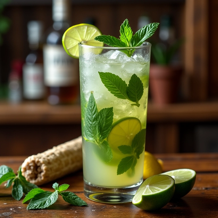 Mojito clássico cubano, refrescante, com hortelã e limão.