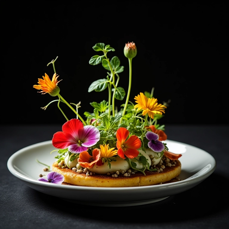 Montagem criativa de Crudo com flores comestíveis e microverdes.