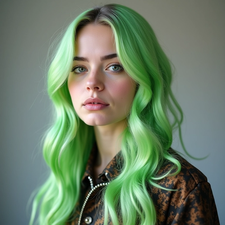 Montagem de Billie Eilish mostrando suas diversas transformações capilares, do verde neon ao loiro platinado.