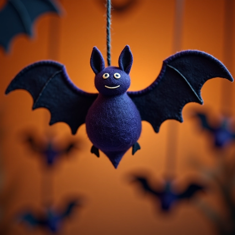 Morcegos de feltro pendurados para decoração de Halloween.
