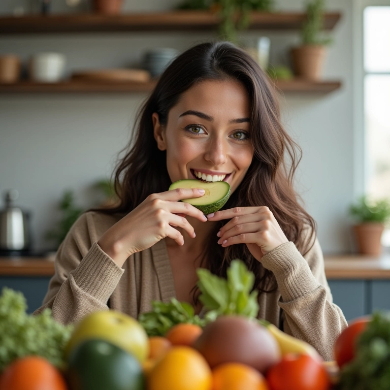 Morena comendo abacate para nutrição capilar.