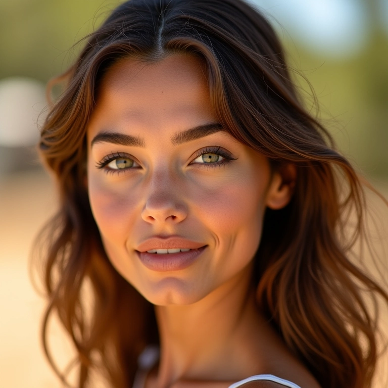 Morena iluminada com mechas mel e maquiagem natural.