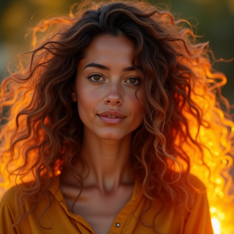 Morena iluminada com tons quentes e naturais.