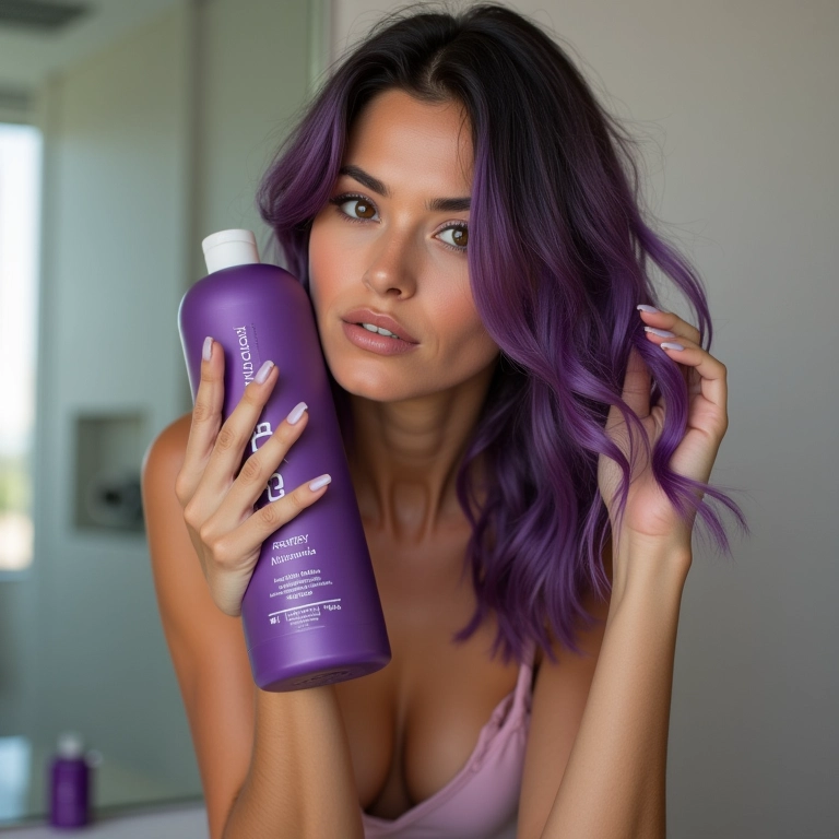 Morena usando shampoo roxo para evitar tons alaranjados.