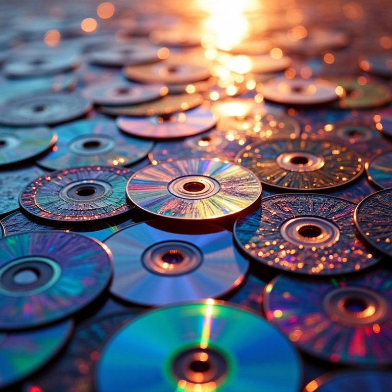 Mosaico brilhante feito com CDs reciclados, exibindo um padrão complexo.