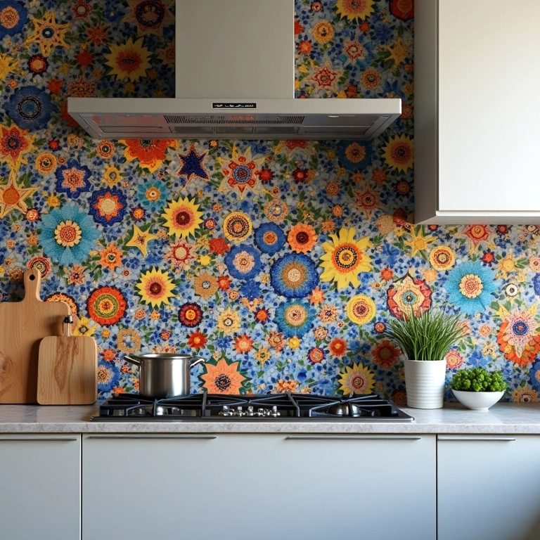 Mosaico de azulejos coloridos no backsplash da cozinha.