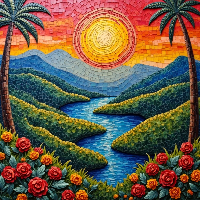 Mosaico vibrante feito com cápsulas de café, representando uma paisagem brasileira.