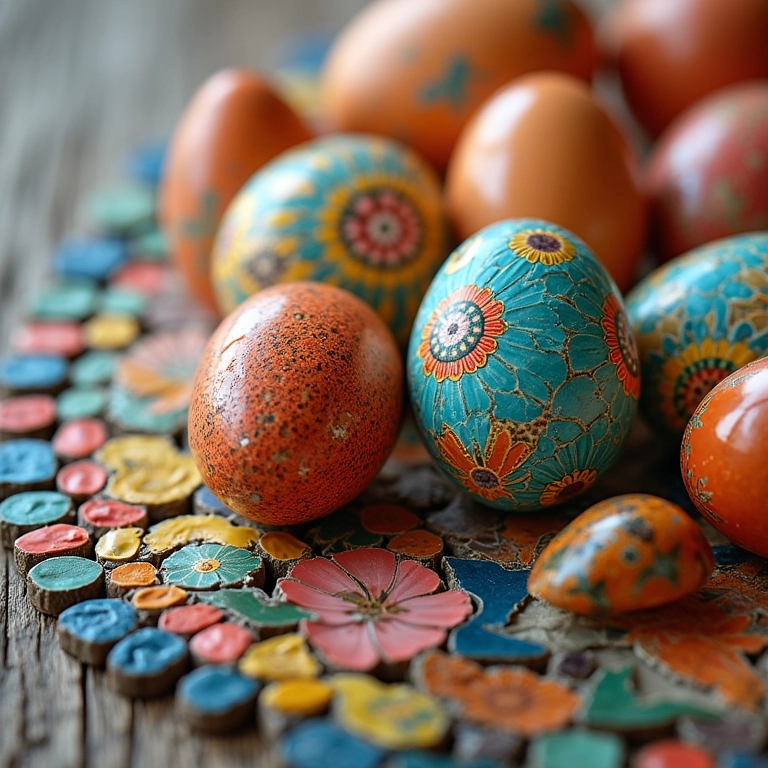 Mosaico vibrante feito com cascas de ovo sobre madeira, exibindo padrões intrincados.