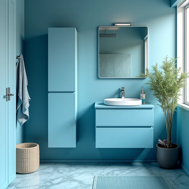 Móveis azuis em banheiro moderno com estilo Farm Rio.