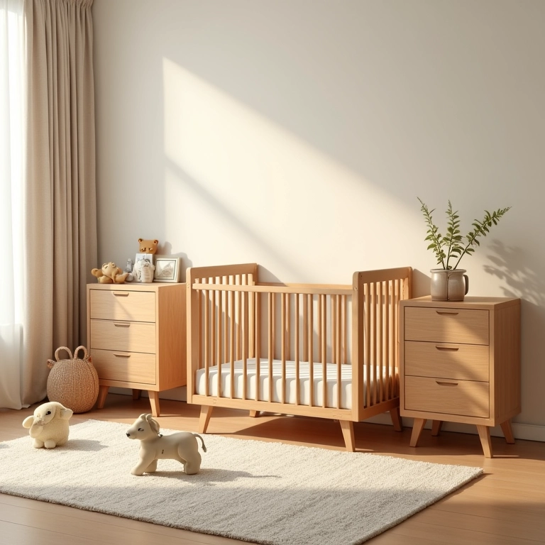 Móveis de madeira simples e elegantes em quarto de bebê safári.