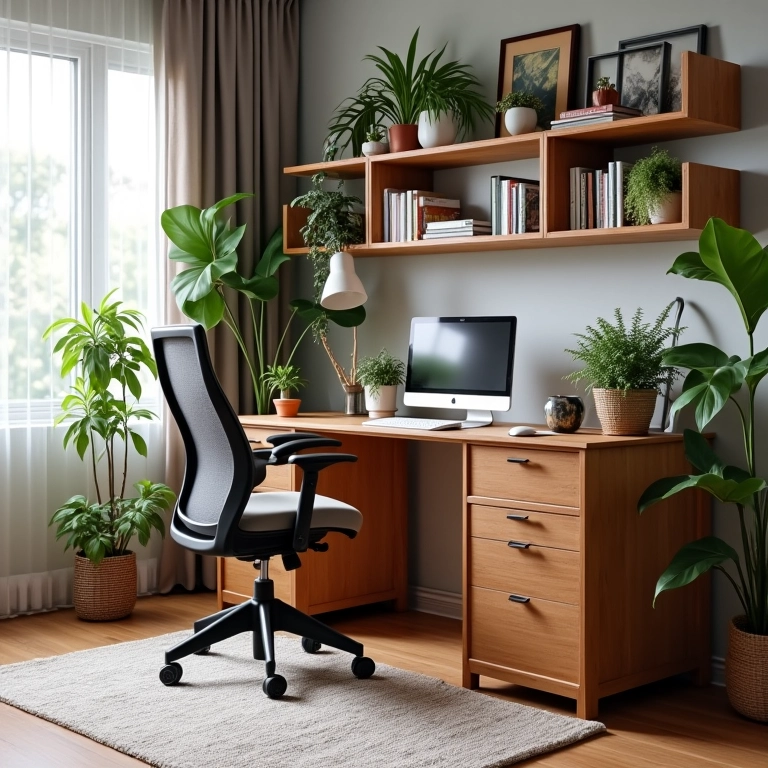 Móveis funcionais e charmosos para um home office feminino produtivo.