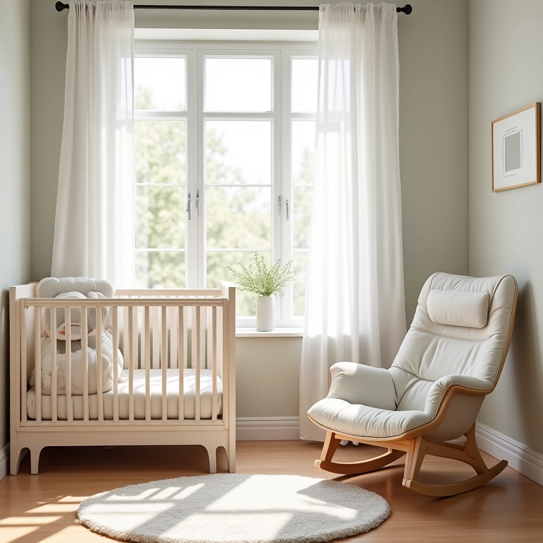 Móveis funcionais e seguros em um quarto de bebê bem iluminado.