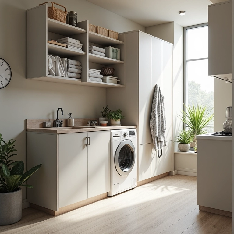 Móveis multifuncionais em lavanderia pequena: praticidade e design.