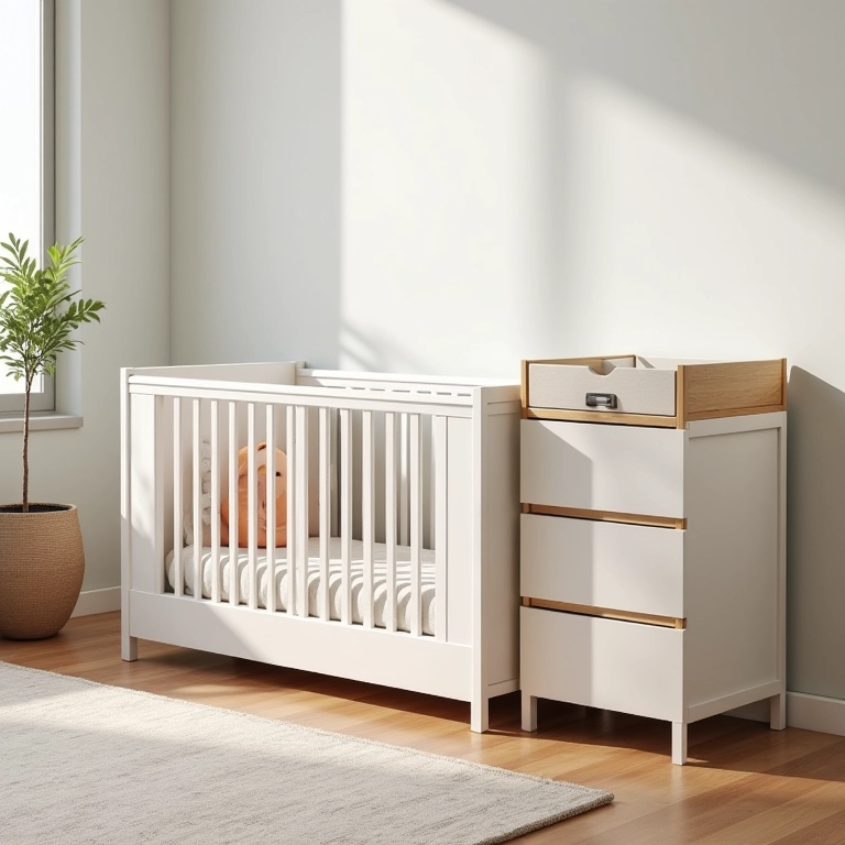 Móveis multifuncionais em quarto de bebê neutro.