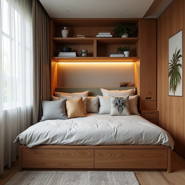 Móveis multifuncionais em quarto pequeno.