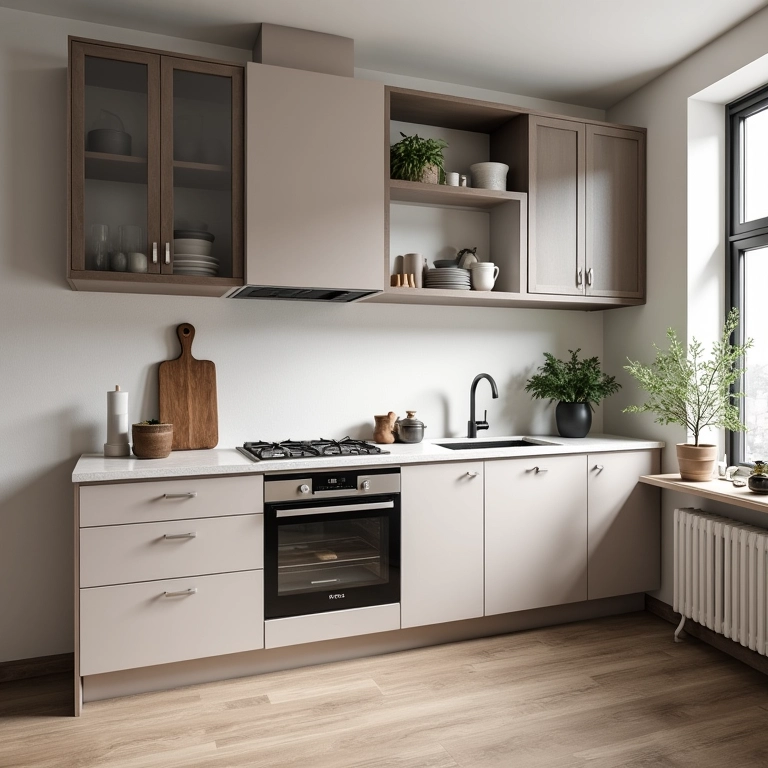 Móveis planejados otimizando espaço em cozinha americana pequena.