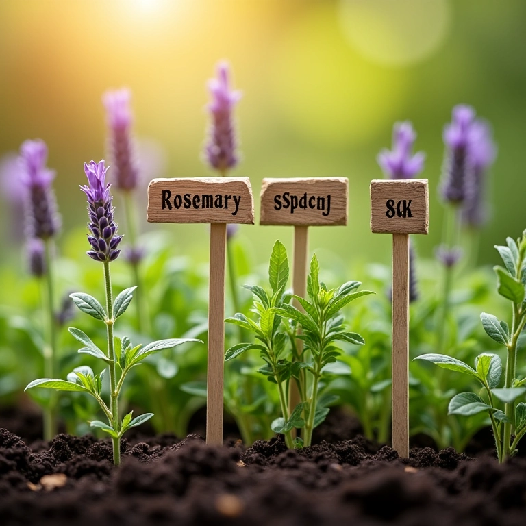 Mudas de ervas (lavanda, alecrim, sálvia) identificadas com estacas de madeira.