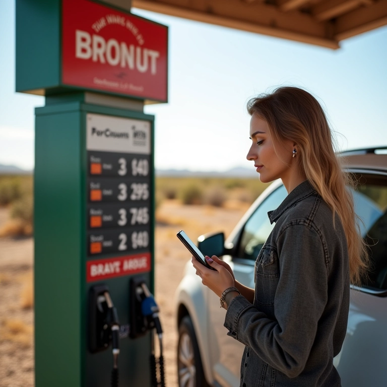 Mulher abastecendo carro em posto de gasolina e verificando aplicativos de desconto para economizar.