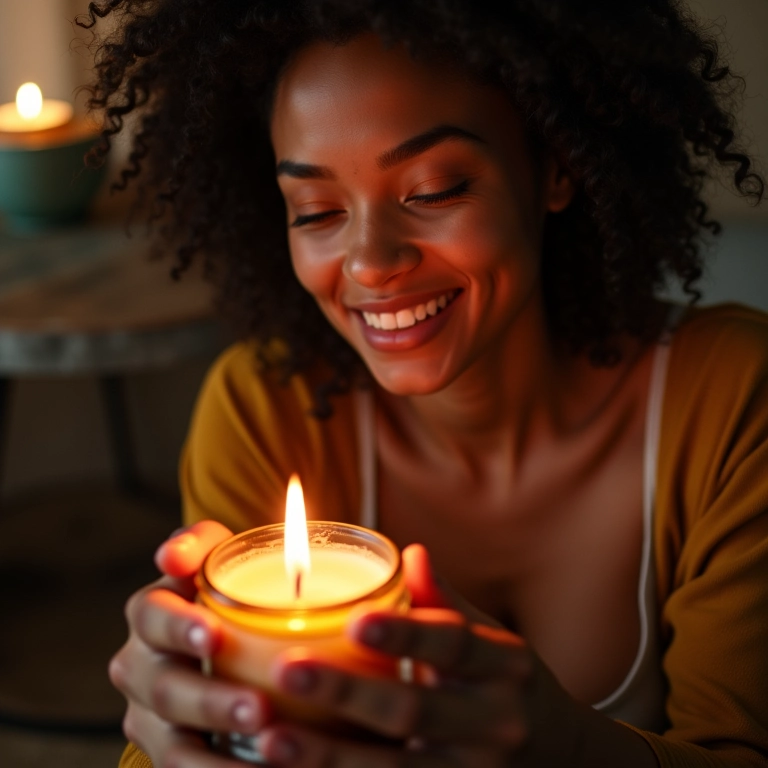 Mulher acendendo vela aromática artesanal em casa aconchegante.