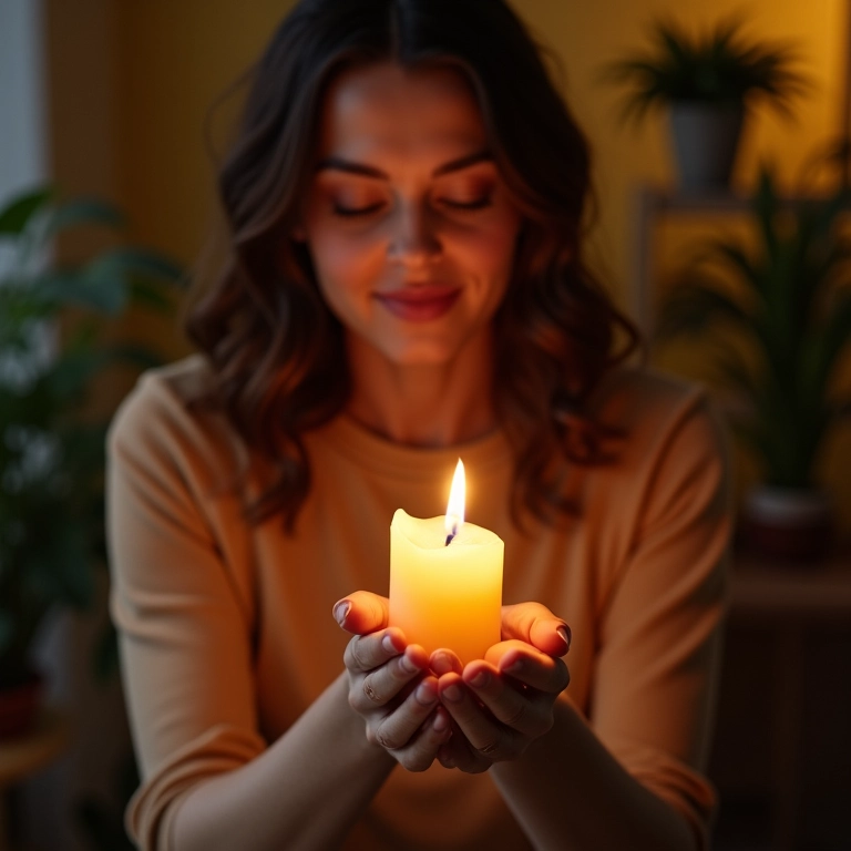 Mulher acendendo vela aromática artesanal em casa decorada com estilo brasileiro.