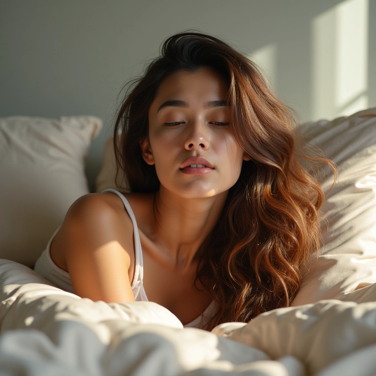 Mulher acorda com cabelo hidratado e sedoso após tratamento noturno.