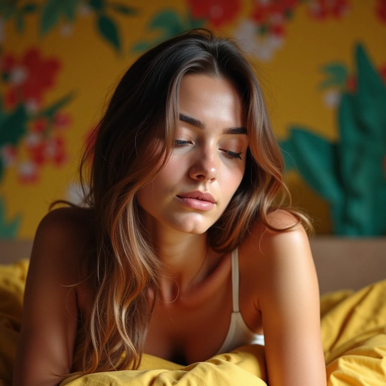 Mulher acorda com cabelos brilhantes após umectação noturna.