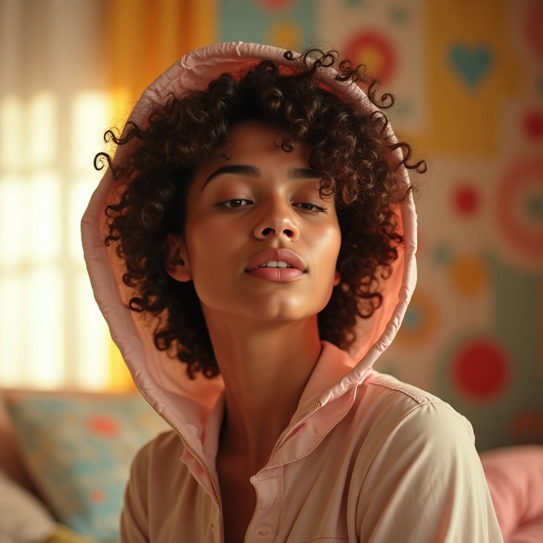 Mulher acorda com cachos definidos e sem frizz usando touca de cetim.