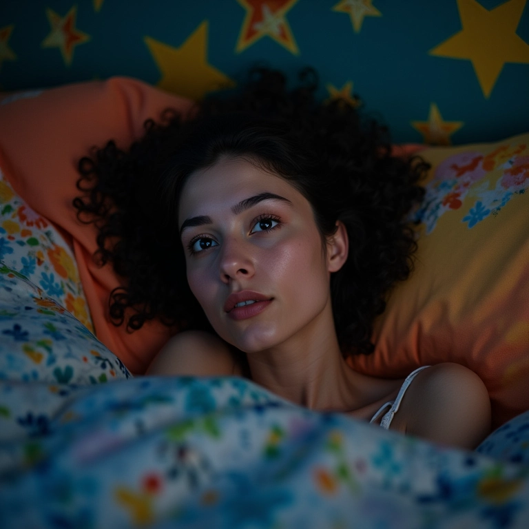 Mulher acordada na cama à noite, representando dificuldade para dormir.