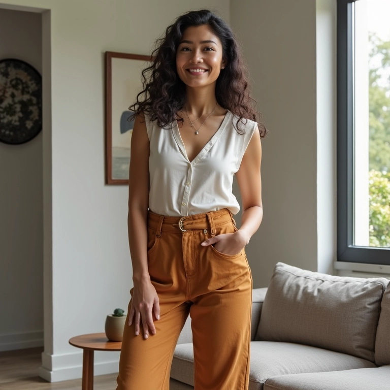 Mulher adaptando guarda-roupa cápsula para trabalho, casual e noite em apartamento.