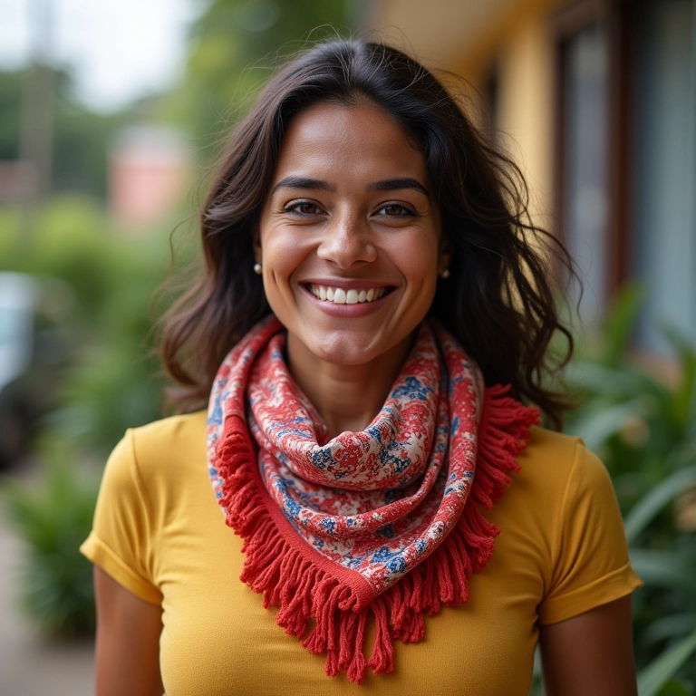 Mulher adaptando um lenço statement ao seu estilo pessoal.