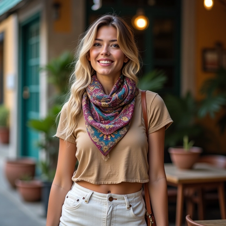 Mulher adicionando lenço colorido a look neutro em café de rua no Brasil.
