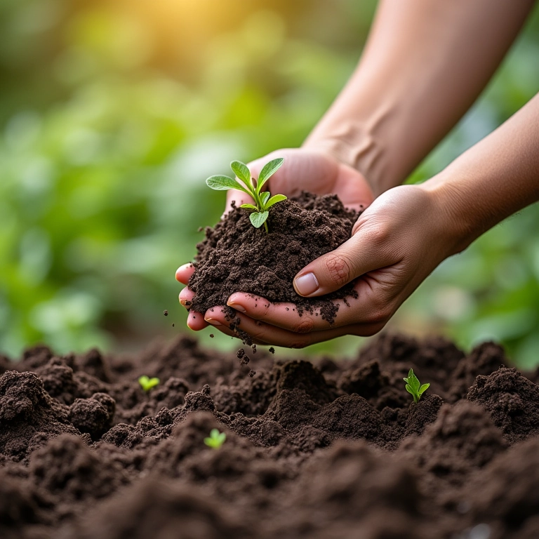 Mulher adicionando matéria orgânica (composto) ao solo do jardim.