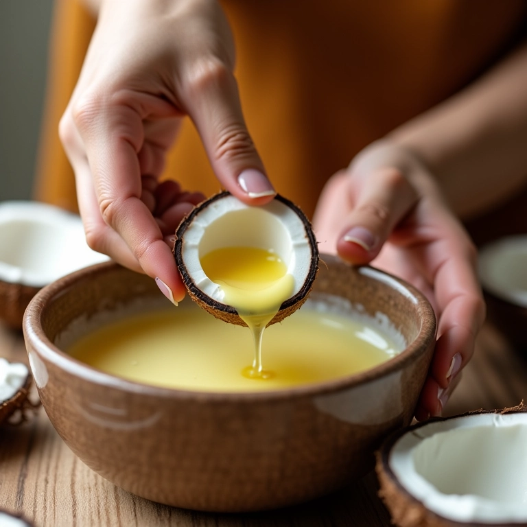 Mulher adicionando óleo de coco à máscara capilar para potencializar a nutrição dos fios.