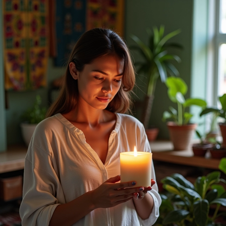 Mulher admira vela de massagem artesanal em casa com decoração brasileira e aconchegante.