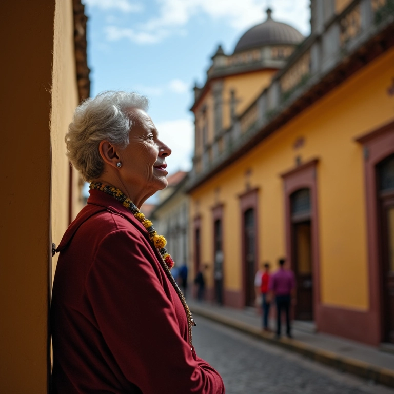 Mulher admirando a arquitetura histórica de Ouro Preto.