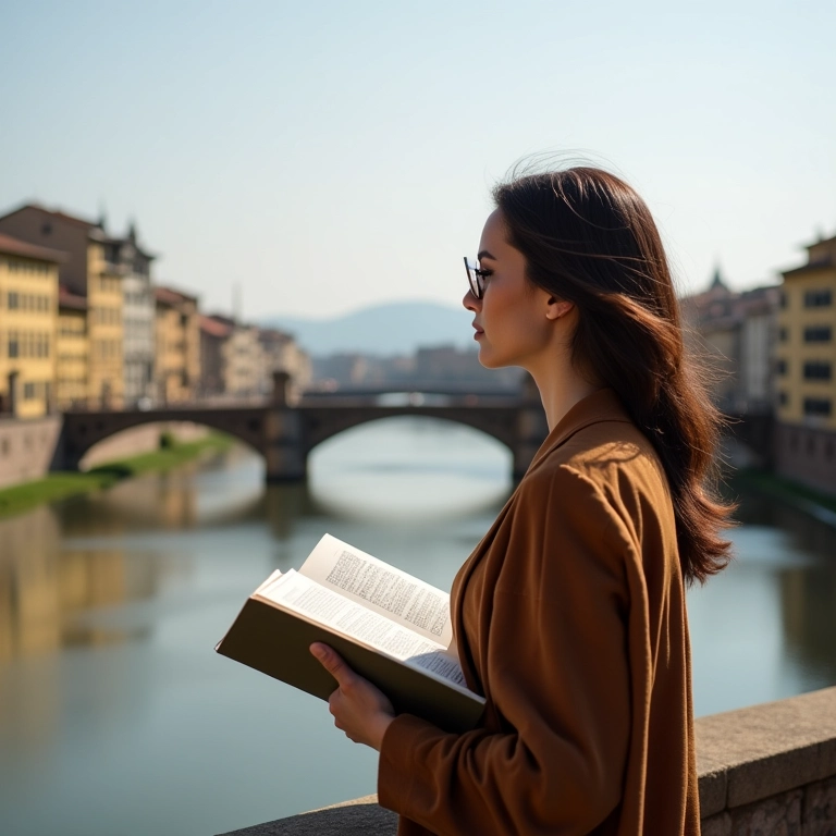 Mulher admirando a Ponte Vecchio em Florença, Itália.