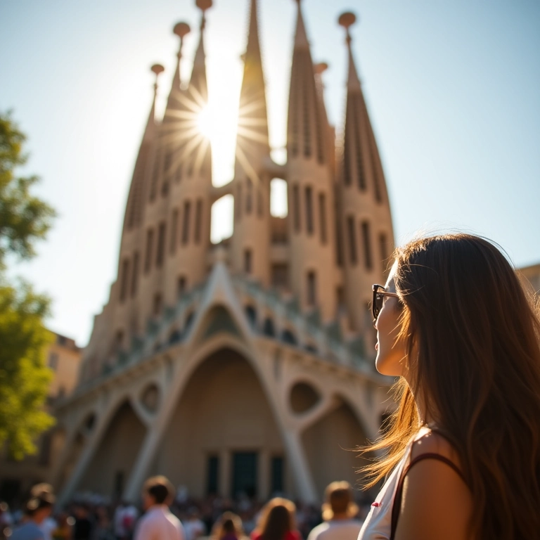 Mulher admirando a Sagrada Família em Barcelona, obra de Gaudí.