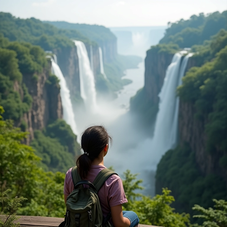 Mulher admirando as Cataratas do Iguaçu de um mirante.