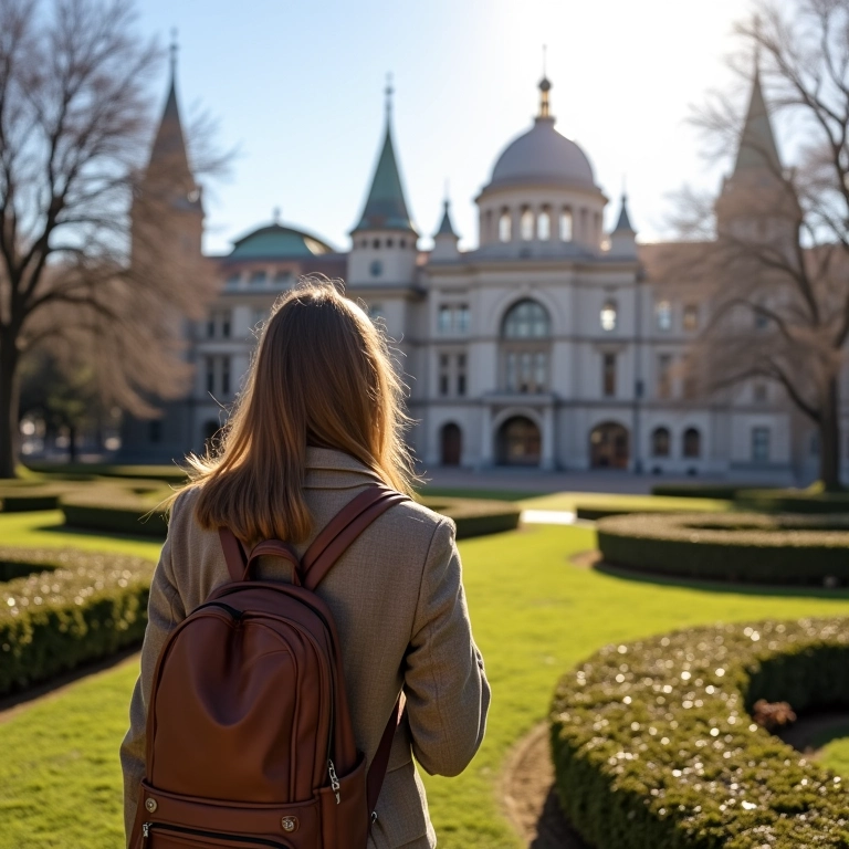 Mulher admirando o Museu Imperial em Petrópolis, com seus jardins exuberantes e arquitetura histórica.