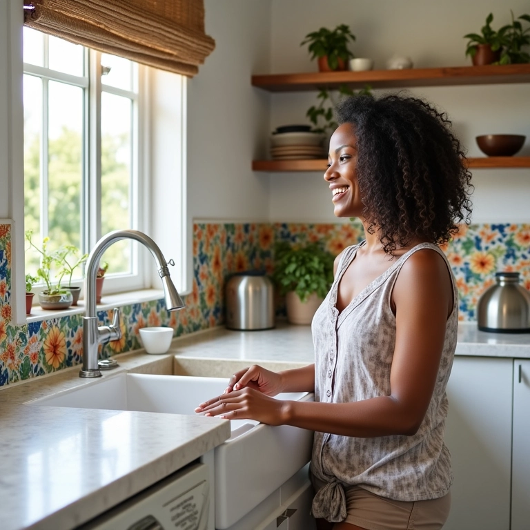 Mulher admirando parede de azulejos decorativos em cozinha estilo Farm Rio.