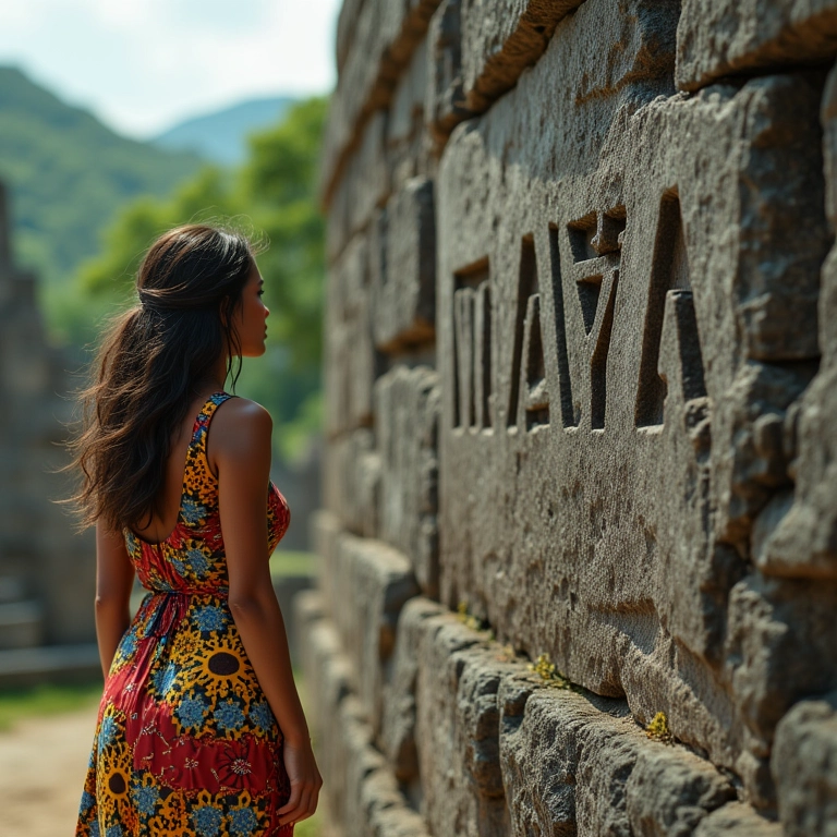 Mulher admirando ruínas Maias, com o nome Maya esculpido em uma pedra.