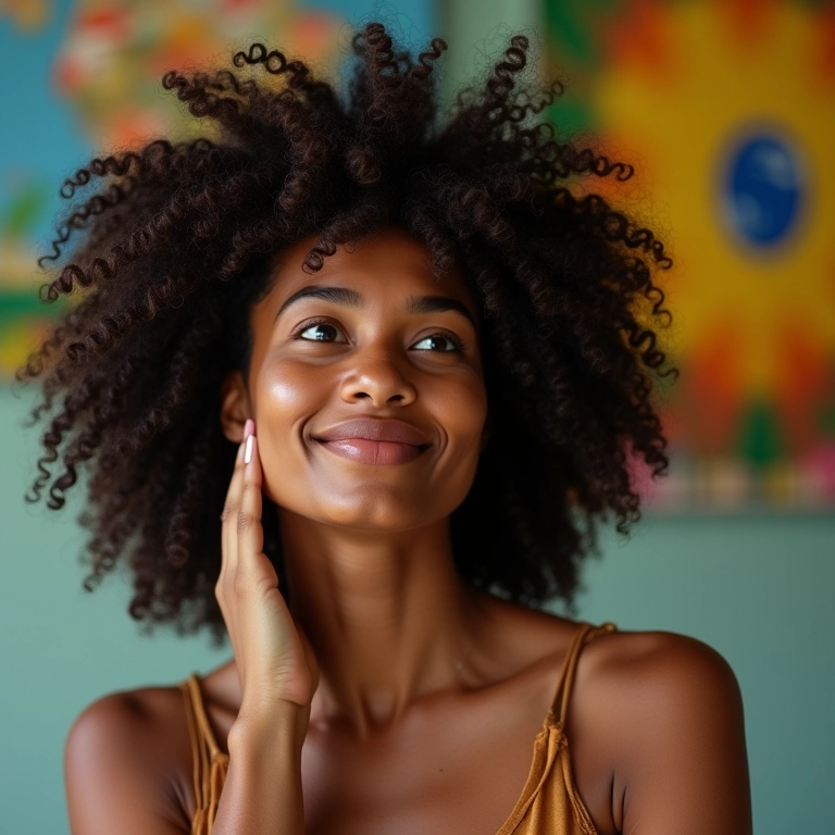 Mulher afro-brasileira aplicando creme Y para controlar o frizz.
