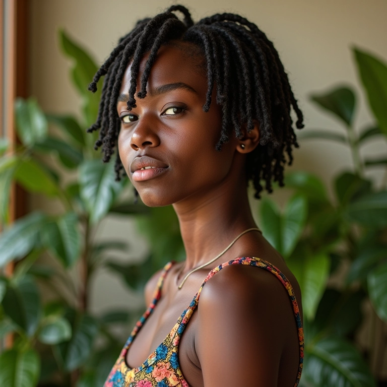 Mulher afro-brasileira jovem com box braids curtas em um lar vibrante.