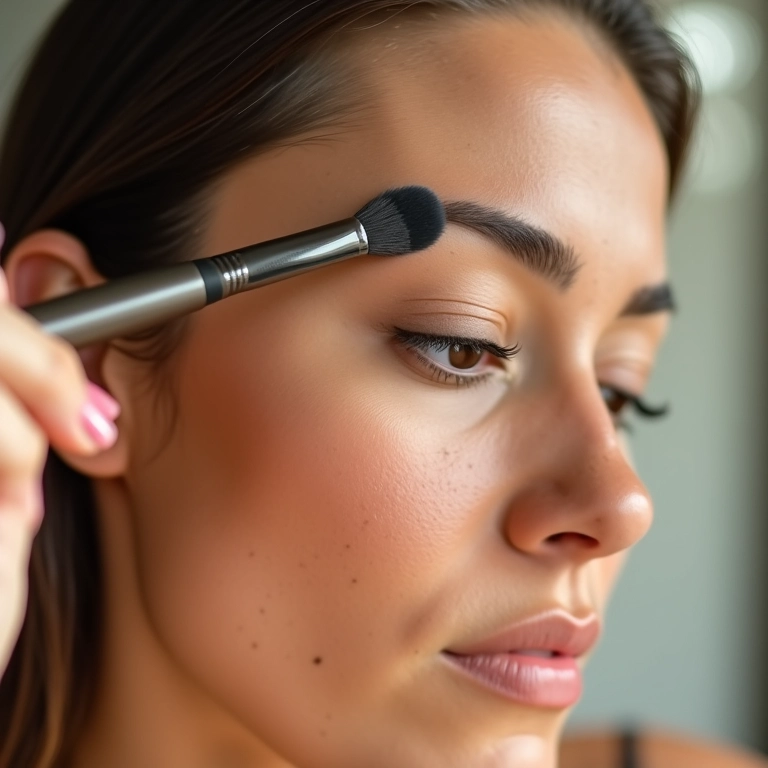 Mulher ajeitando as sobrancelhas com uma escova com iluminação natural.