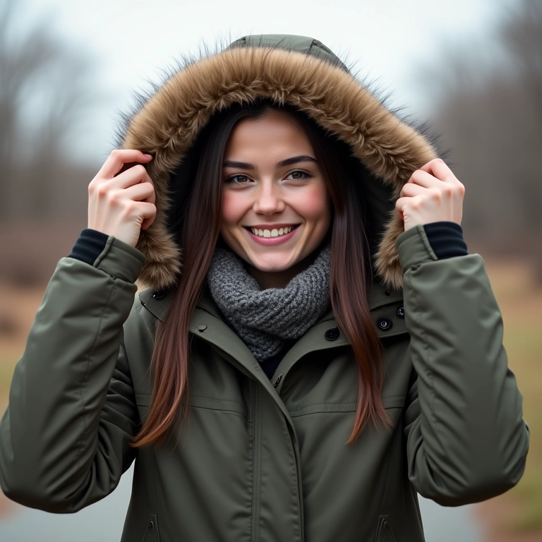 Mulher ajustando o capuz da parka em dia de vento.