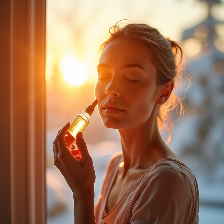 Mulher ajustando skincare com sérum no verão, contrastando com inverno.